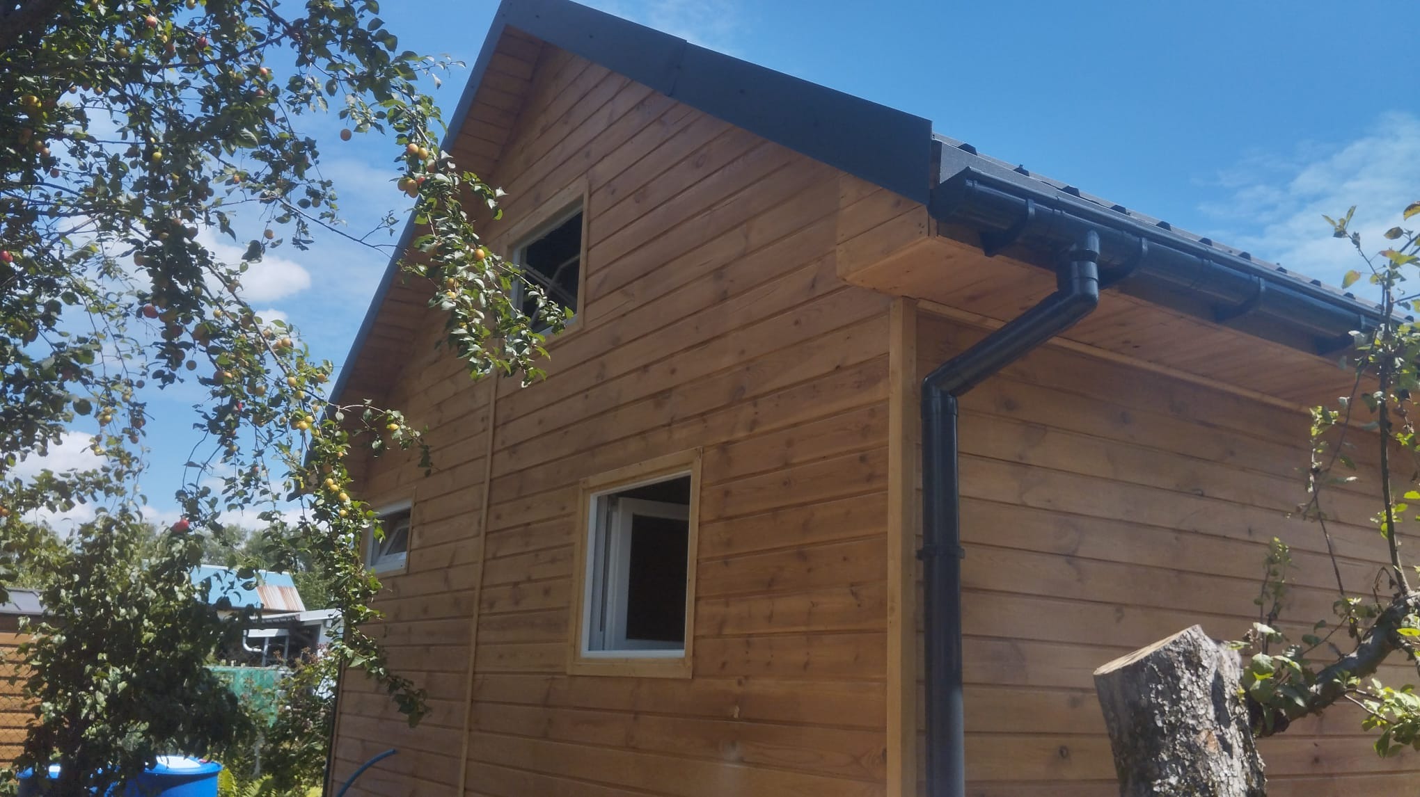 Surowa bryła domu szkieletowego z drewnianą elewacją, widoczne okna bez szyb, czarne orynnowanie i fragment drzewa owocowego w tle.