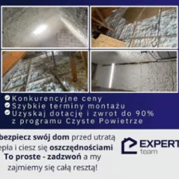 Kolaż zdjęć przedstawiający ocieplenie poddasza pianką poliuretanową, z widocznymi elementami konstrukcji drewnianej i ceglanej, oraz fragment reklamy z hasłem 'Konkurencyjne ceny' i logo firmy...