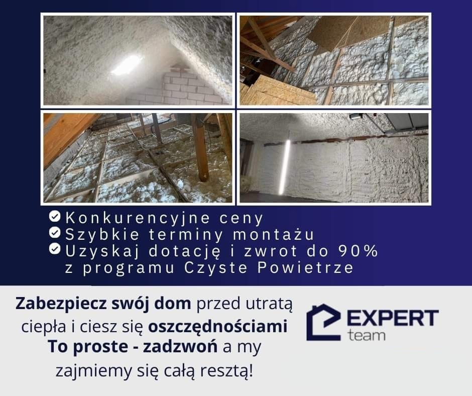 Kolaż zdjęć przedstawiający ocieplenie poddasza pianką poliuretanową, z widocznymi elementami konstrukcji drewnianej i ceglanej, oraz fragment reklamy z hasłem 'Konkurencyjne ceny' i logo firmy...