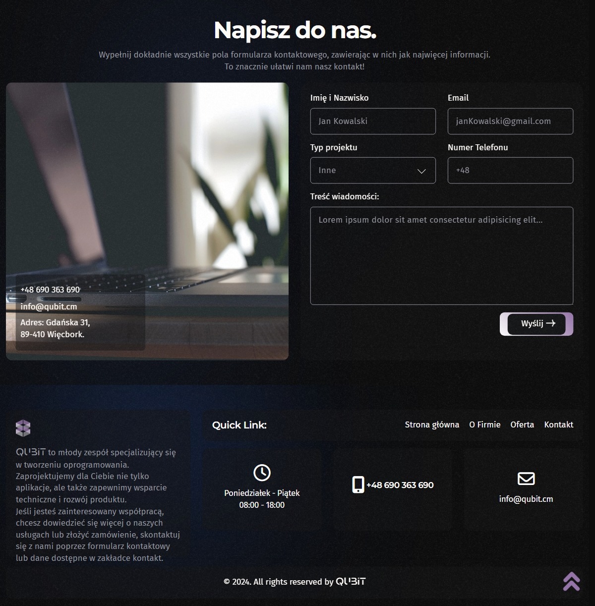 Formularz kontaktowy na stronie internetowej z polami do wypełnienia: imię, nazwisko, email, numer telefonu, typ projektu i treść wiadomości. W tle widoczny fragment laptopa.