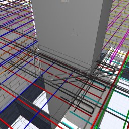 inż. ZBIGNIEW MICHAŁ KLIFELD - Wizualizacja 3D zbrojenia stropu żelbetowego z uwzględnieniem słupa, siatka prętów w różnych kolorach dla lepszej identyfikacji, widok z dołu.