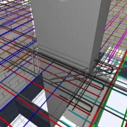 Wizualizacja 3D zbrojenia stropu żelbetowego z uwzględnieniem słupa, siatka prętów w różnych kolorach dla lepszej identyfikacji, widok z dołu.