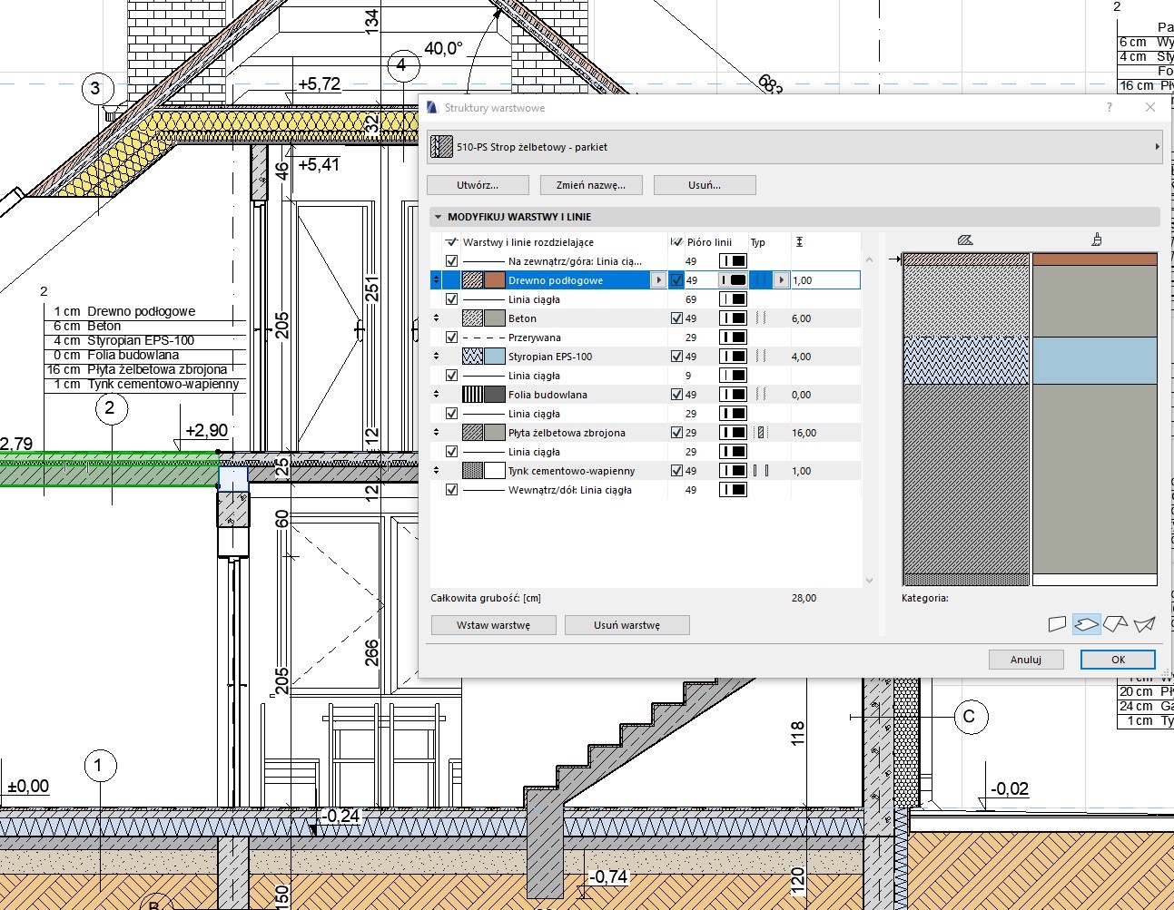 Przekrój warstwowy budynku z detalami konstrukcyjnymi i materiałowymi, w tym drewnem podłogowym, betonem, styropianem EPS i płytą żelbetową zbrojoną, prezentowany w programie do projektowania...