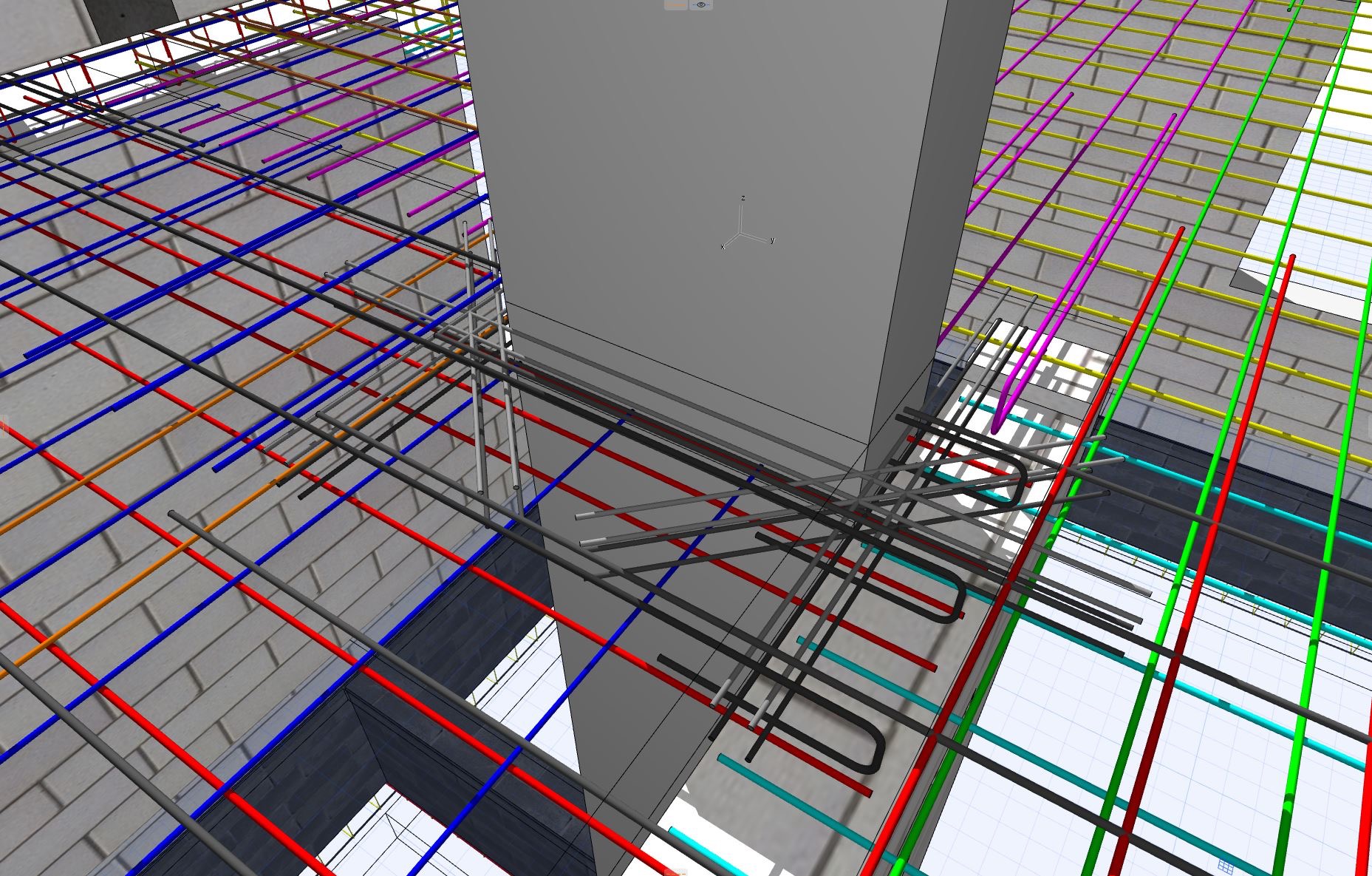 Wizualizacja 3D zbrojenia stropu żelbetowego z uwzględnieniem słupa, siatka prętów w różnych kolorach dla lepszej identyfikacji, widok z dołu.