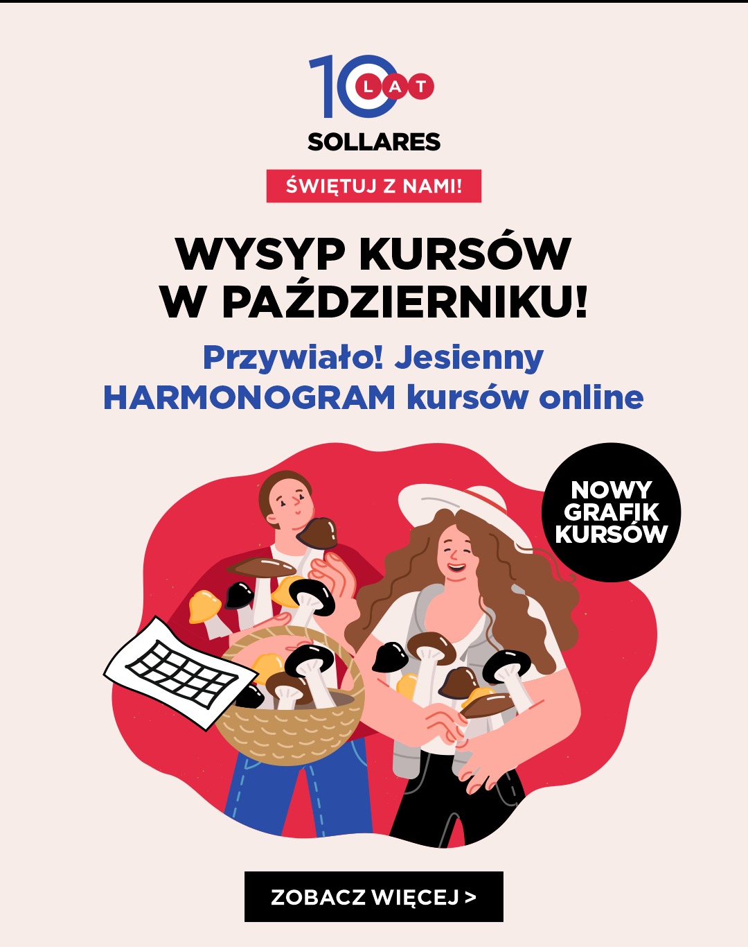 Grafika reklamowa szkoły językowej Sollares z hasłem 'Wysyp kursów w październiku!', przedstawiająca dwie uśmiechnięte postacie zbierające grzyby do koszyka, z informacją o jesiennym harmonogramie...