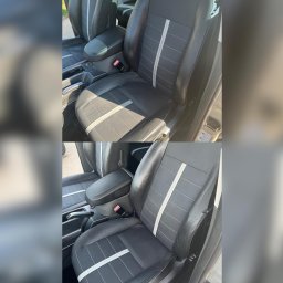 BIGTOK - Dwa ujęcia czyszczonego czarnego fotela samochodowego z szarą wstawką, prezentujące efekt przed i po czyszczeniu.