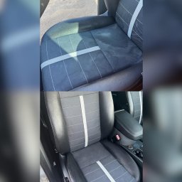 BIGTOK - Porównanie wyglądu czyszczonego, czarnego, materiałowego fotela samochodowego przed i po zabiegu, z widocznymi plamami na górnym zdjęciu i odświeżonym wyglądem na dolnym zdjęciu.
