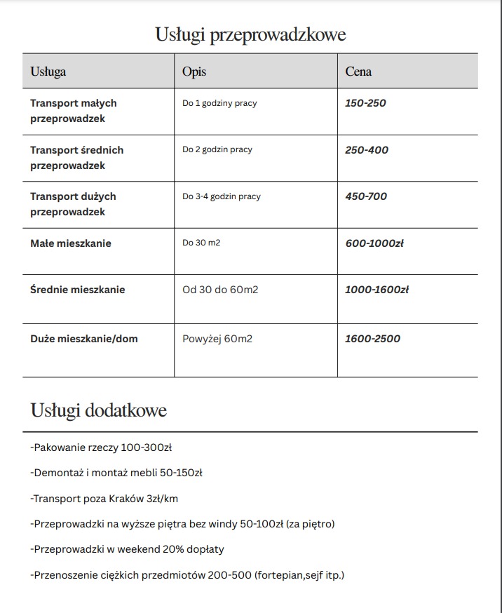 Tabela z cennikiem usług przeprowadzkowych, zawierająca informacje o transporcie małych, średnich i dużych przeprowadzek, a także o przeprowadzkach małych, średnich i dużych mieszkań/domów oraz...