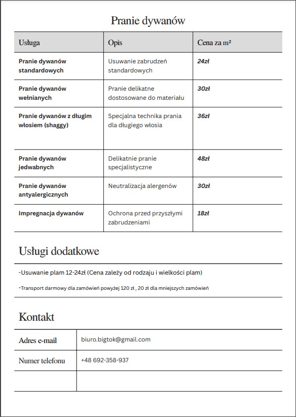 Cennik usług firmy czyszczącej dywany, z wyszczególnionymi cenami za metr kwadratowy dla różnych rodzajów dywanów i technik czyszczenia oraz informacjami kontaktowymi.