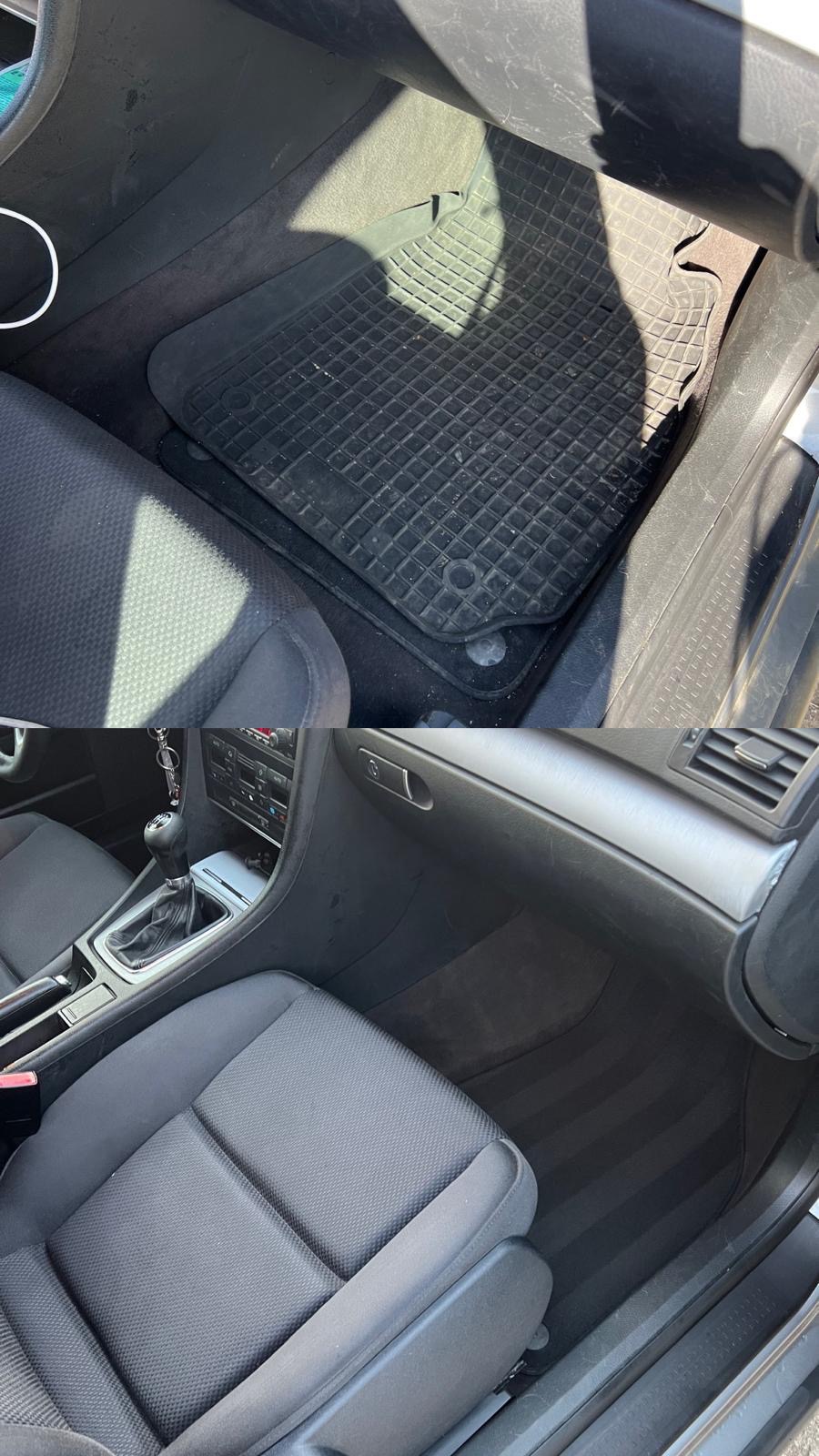Wnętrze samochodu przed czyszczeniem: brudny dywanik podłogowy, lekko zakurzone fotele i deska rozdzielcza, widoczna konsola środkowa z dźwignią zmiany biegów.
