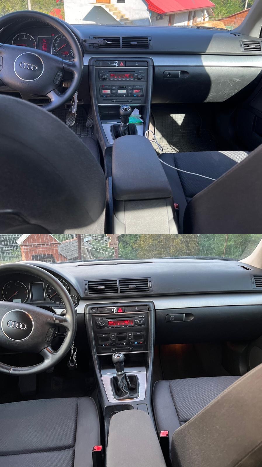 Wnętrze samochodu Audi A4 B6 z manualną skrzynią biegów, widok na deskę rozdzielczą, kierownicę i fotele, z wyraźnie widocznym radiem i centralną konsolą.