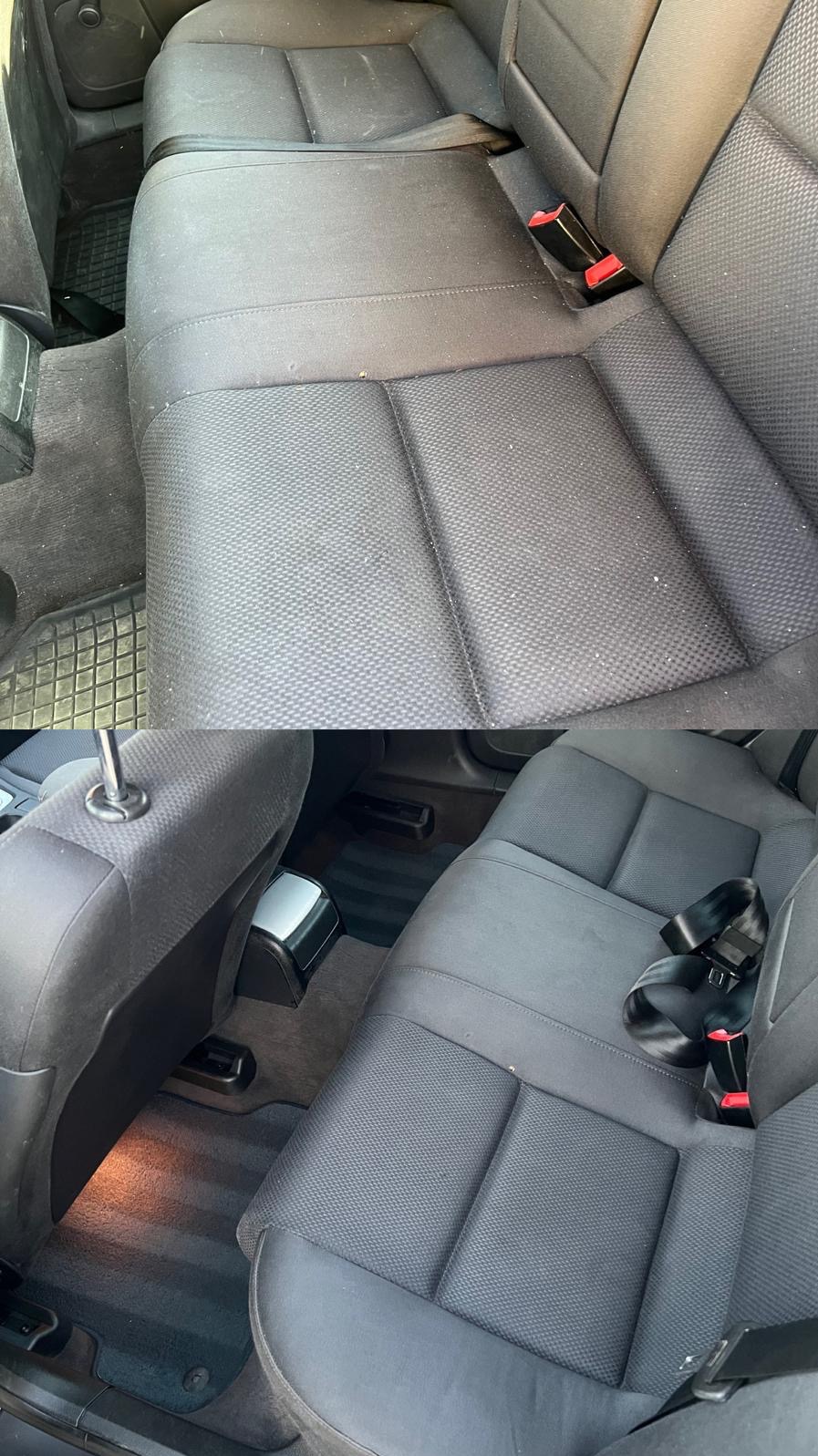 Porównanie tylnej kanapy samochodowej przed i po czyszczeniu: widoczne różnice w czystości tapicerki i dywaników podłogowych.