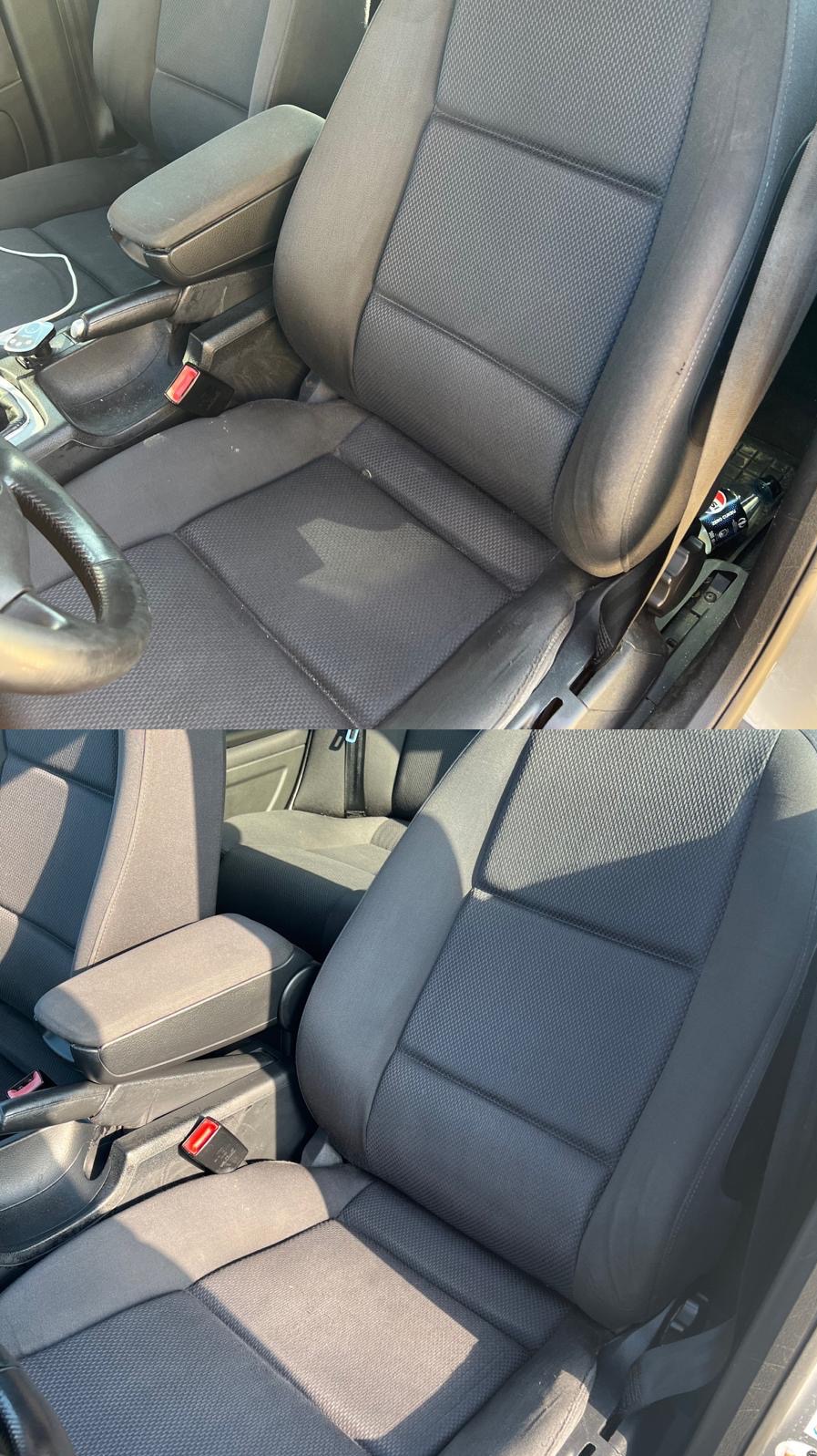 Porównanie fotela samochodowego przed i po czyszczeniu: widoczna różnica w odcieniu i czystości tapicerki, z uwzględnieniem detali jak zagłówek i pas bezpieczeństwa.