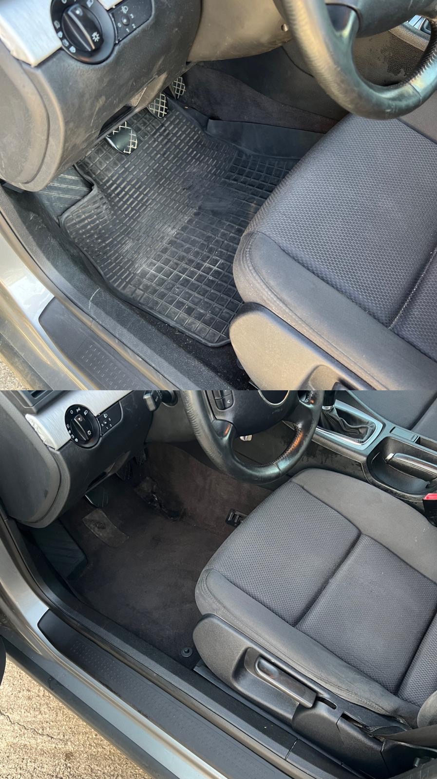 Porównanie wnętrza samochodu przed i po czyszczeniu: brudny gumowy dywanik i zakurzone siedzenie kierowcy w górnej części zdjęcia, czysty dywanik i odświeżone siedzenie w dolnej części.