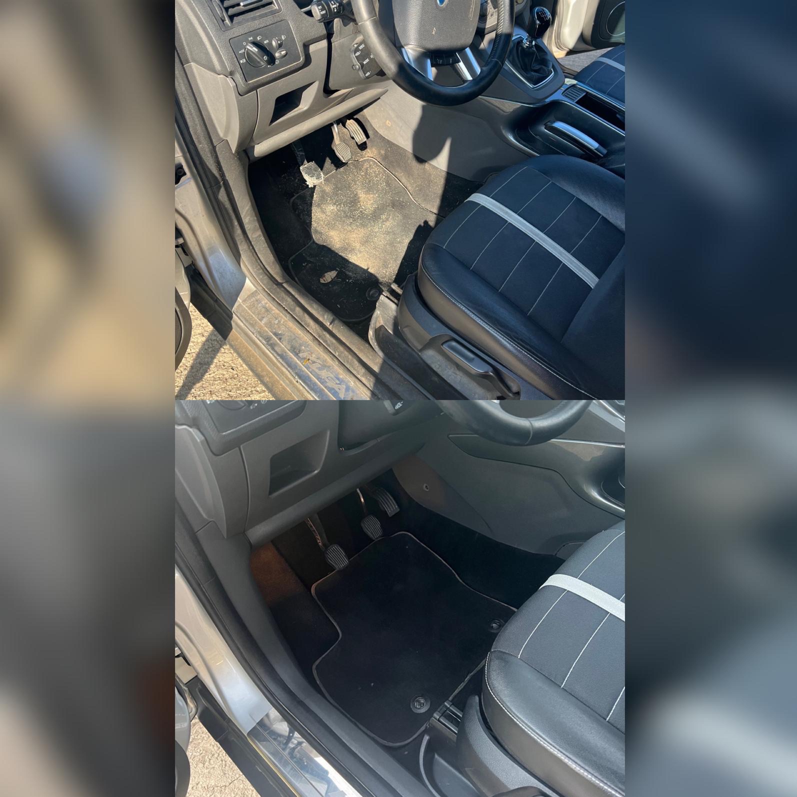 Porównanie wnętrza samochodu przed i po czyszczeniu: brudny dywanik i fotel vs. czysty dywanik i fotel z jasnym paskiem.