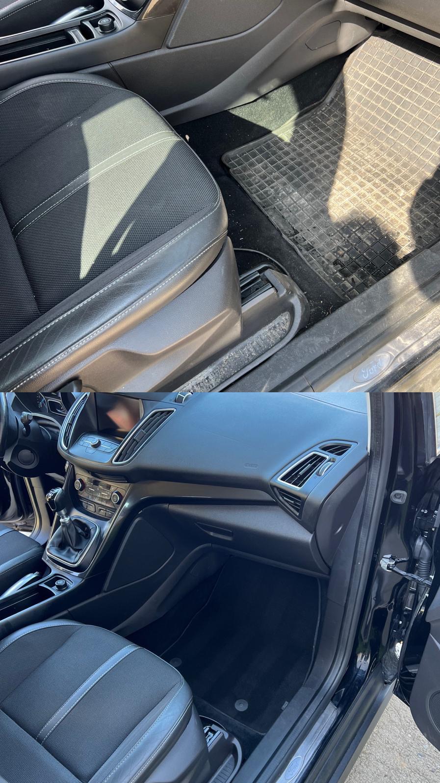 Wnętrze samochodu przed czyszczeniem: brudne dywaniki gumowe, zakurzone progi i siedzenia z widocznymi plamami.