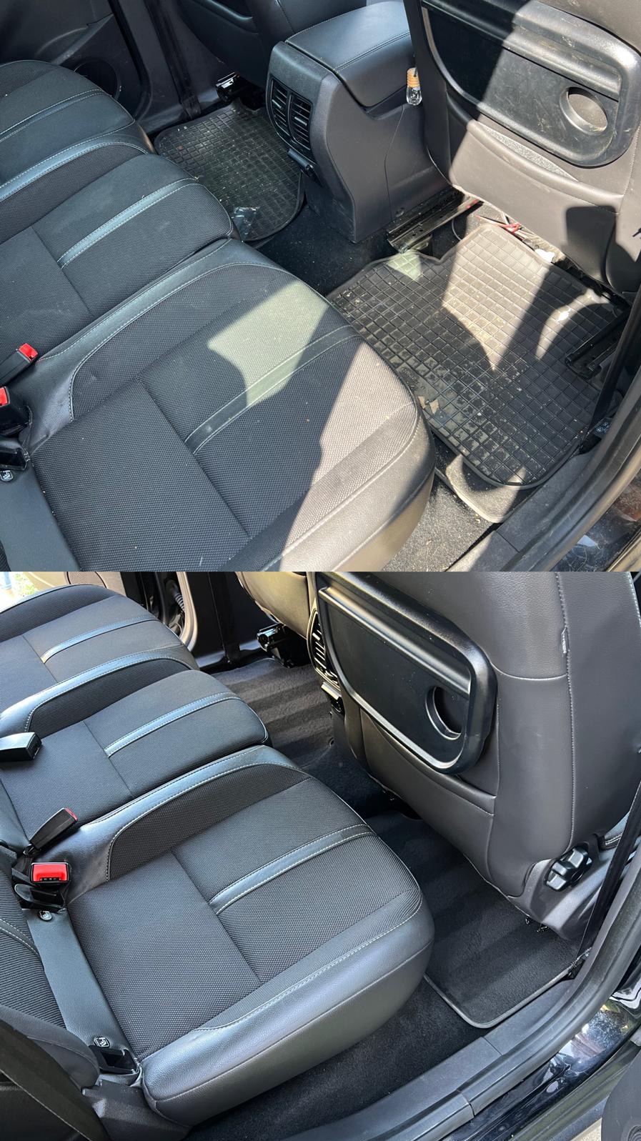 Porównanie tylnej kanapy i dywaników samochodowych przed i po czyszczeniu: widoczne różnice w czystości i wyglądzie materiałów.