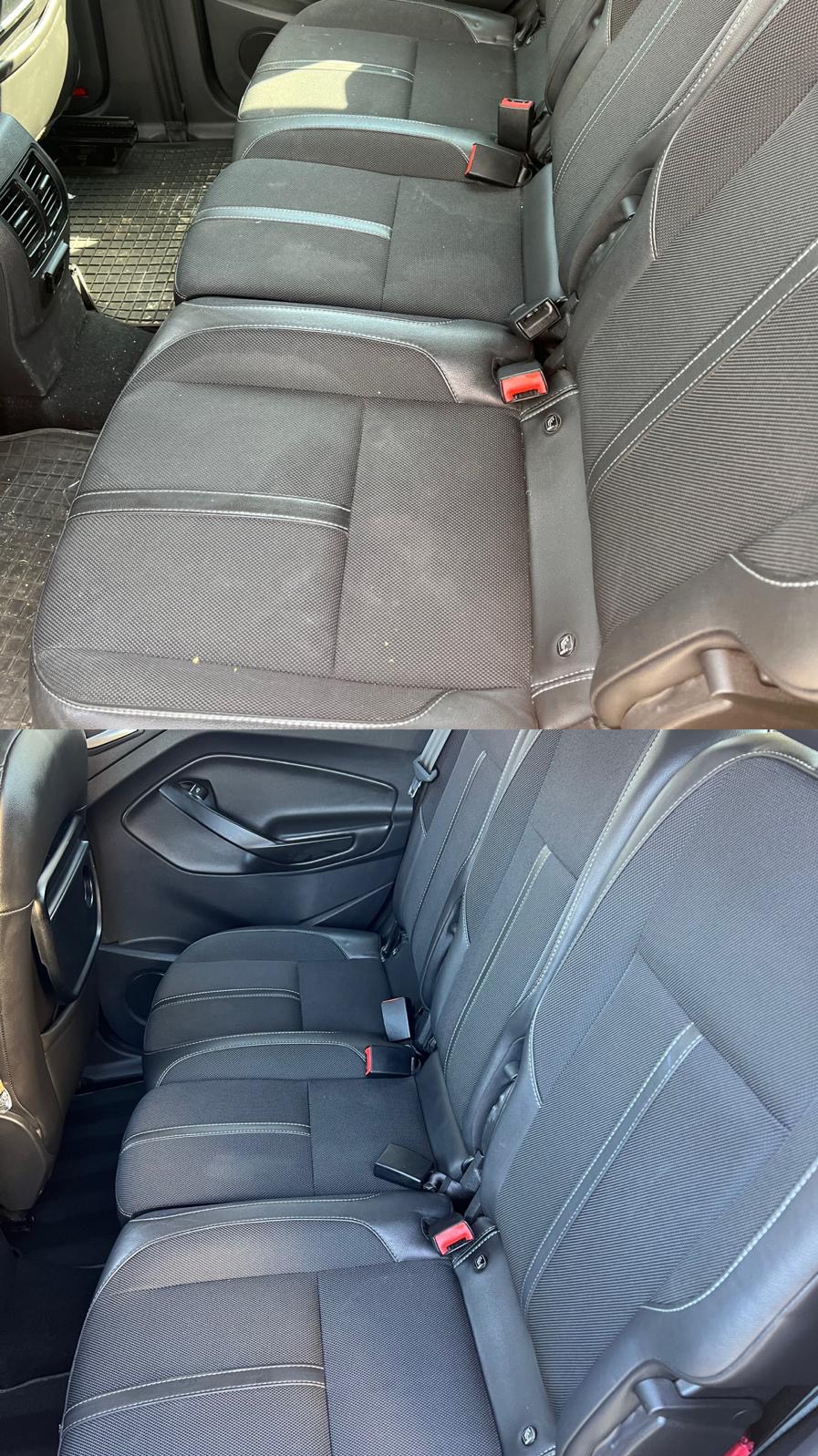 Porównanie: tylna kanapa samochodu przed i po praniu tapicerki, widoczne różnice w czystości materiału i usunięciu zabrudzeń.