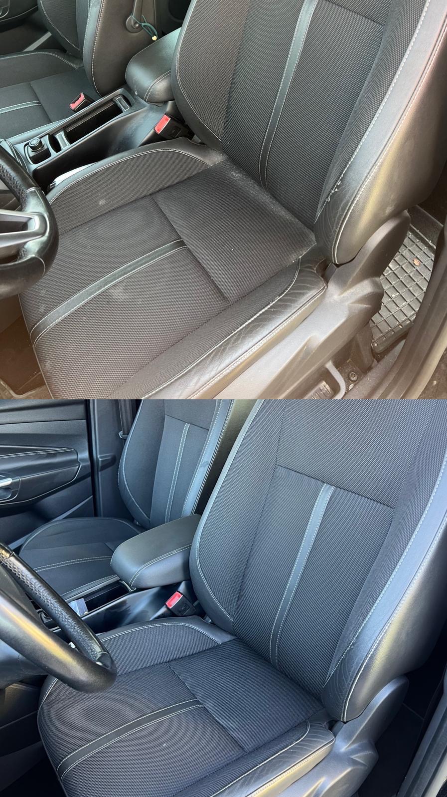 Porównanie: Fotel samochodowy z czarną tapicerką przed i po czyszczeniu, widoczne różnice w odcieniu i usunięte zabrudzenia na siedzisku.