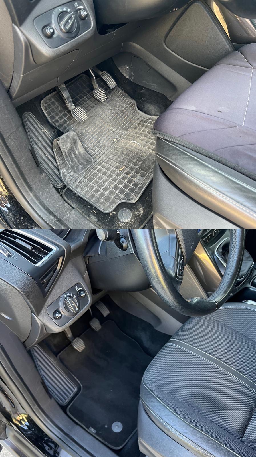 Wnętrze samochodu przed i po czyszczeniu, widoczna różnica w czystości dywaników i podłogi pod pedałami.