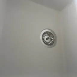 Biały zlew kuchenny z metalowym odpływem po czyszczeniu, widok z góry. Minimalistyczny design, czysta powierzchnia.