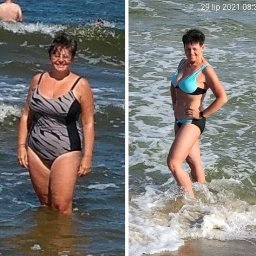 KAROL ŁAKOMIEC TRENER PERSONALNY - SZKOLENIA - Kobieta w kostiumie kąpielowym, zdjęcia przed i po, prezentujące efekty odchudzania na plaży, woda do kolan.