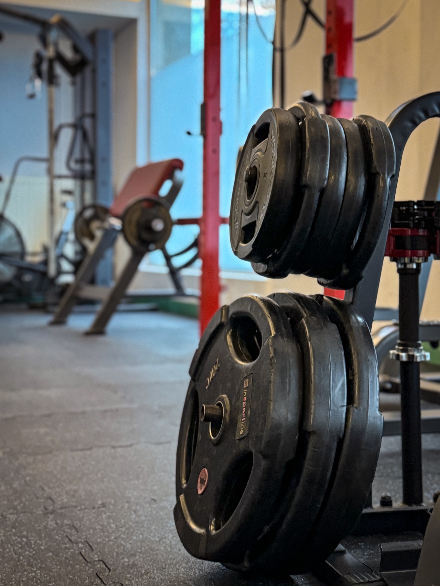 Stojak z obciążeniami do ćwiczeń siłowych w siłowni, widoczne także maszyny w tle.