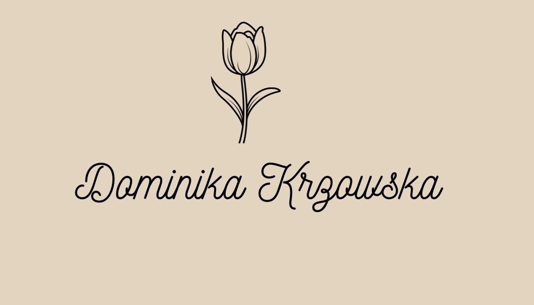 Eleganckie logo z stylizowanym tulipanem i napisem 'Dominika Krzowska' na beżowym tle.