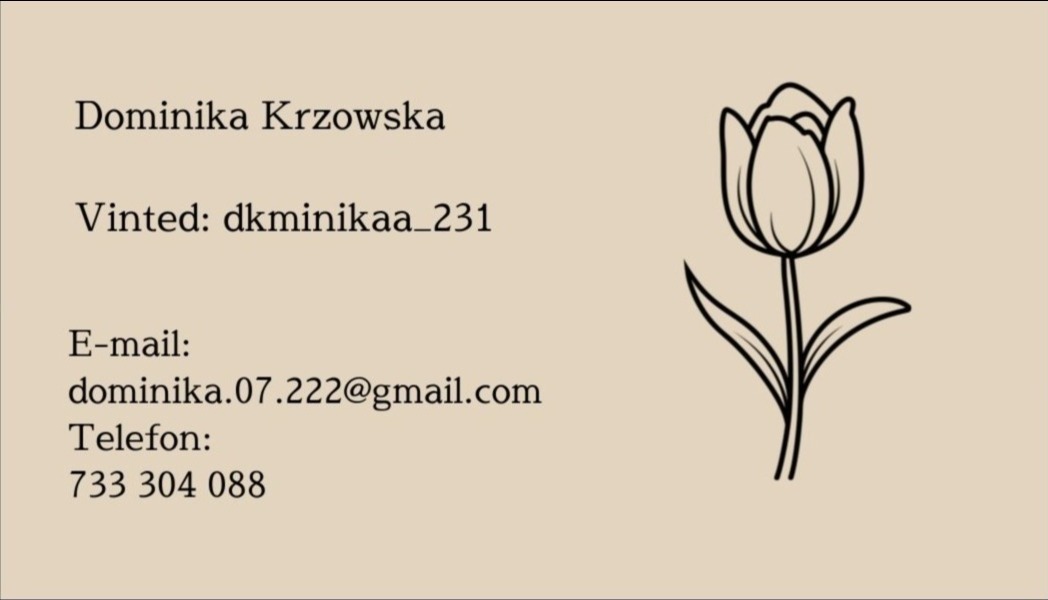 Wizytówka z imieniem Dominika Krzowska, danymi kontaktowymi (Vinted, e-mail, telefon) i rysunkiem tulipana.