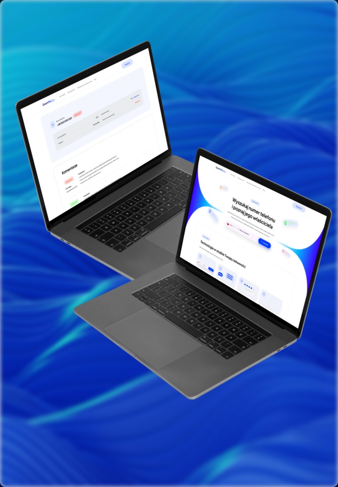 Dwa nowoczesne laptopy z wyświetlonymi interfejsami stron internetowych na tle abstrakcyjnym w odcieniach niebieskiego. Widoczne klawiatury i ekrany.