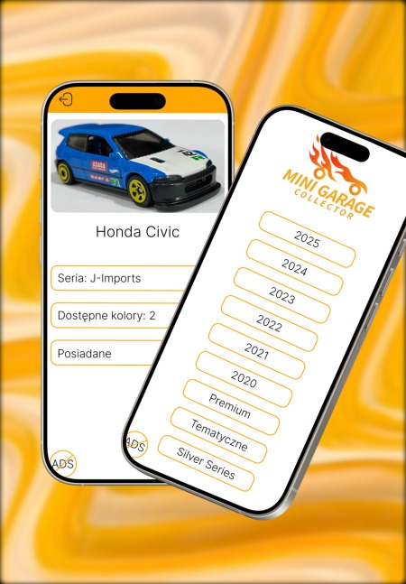 Dwa smartfony z aplikacją kolekcjonerską Mini Garage Collector. Ekran z modelem Honda Civic i opcjami serii J-Imports oraz drugi z listą roczników i serii kolekcjonerskich.