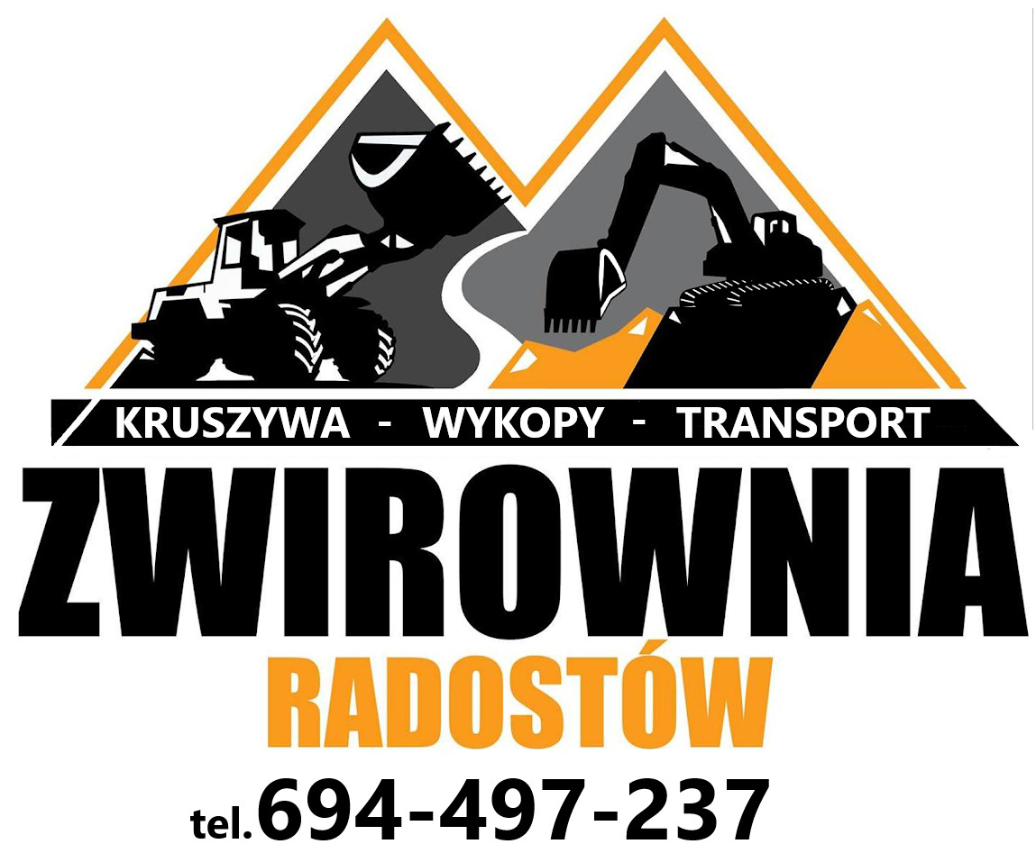 Grafika z sylwetkami koparek i hasłem 'Żwirownia Radosłów', oferująca kruszywa, wykopy i transport. Numer telefonu na dole.