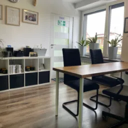 Jasne biuro z drewnianym stołem, czarnymi krzesłami i regałem. Na ścianie zegar, zdjęcia i drewniany but. Okno z roślinami w doniczkach. Podłoga z paneli.