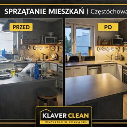 Profesjonalne sprzątanie kuchni – efekt PRZED i PO.
Po lewej stronie widoczne jest mieszkanie z dużym bałaganem: brudne naczynia, resztki jedzenia, nieporządek na blatach i wyspie kuchennej.