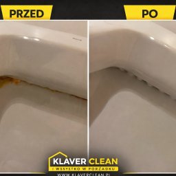 Klaver Clean Firma Sprzątająca - Zdjęcie typu 'przed i po' przedstawia fragment muszli WC. Po lewej stronie widoczne zabrudzenia, po prawej czysta powierzchnia. Ujęcie z bliska, oświetlenie naturalne.