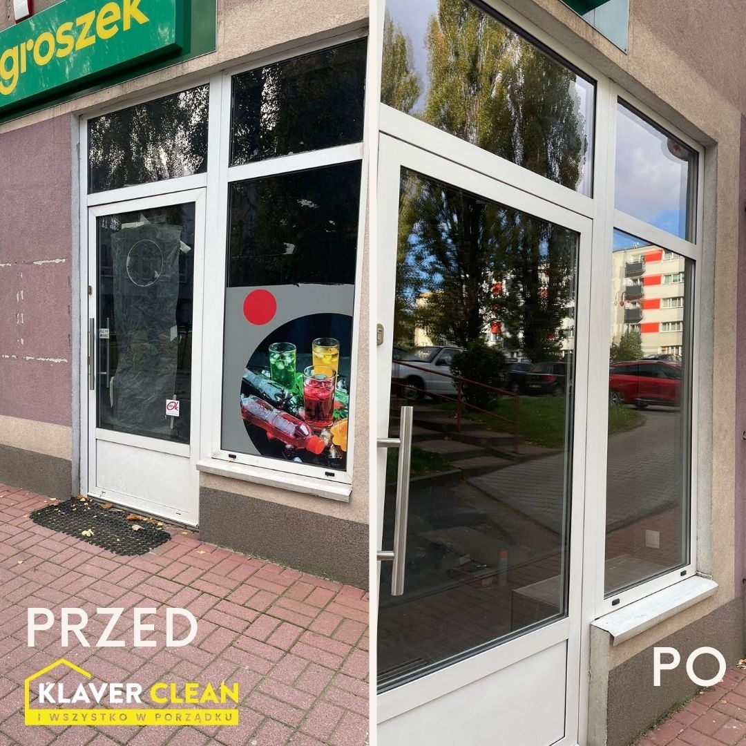 Porównanie okna i drzwi wejściowych sklepu 'przed' i 'po' czyszczeniu, widoczne różnice w przejrzystości szkła i czystości ramy.
