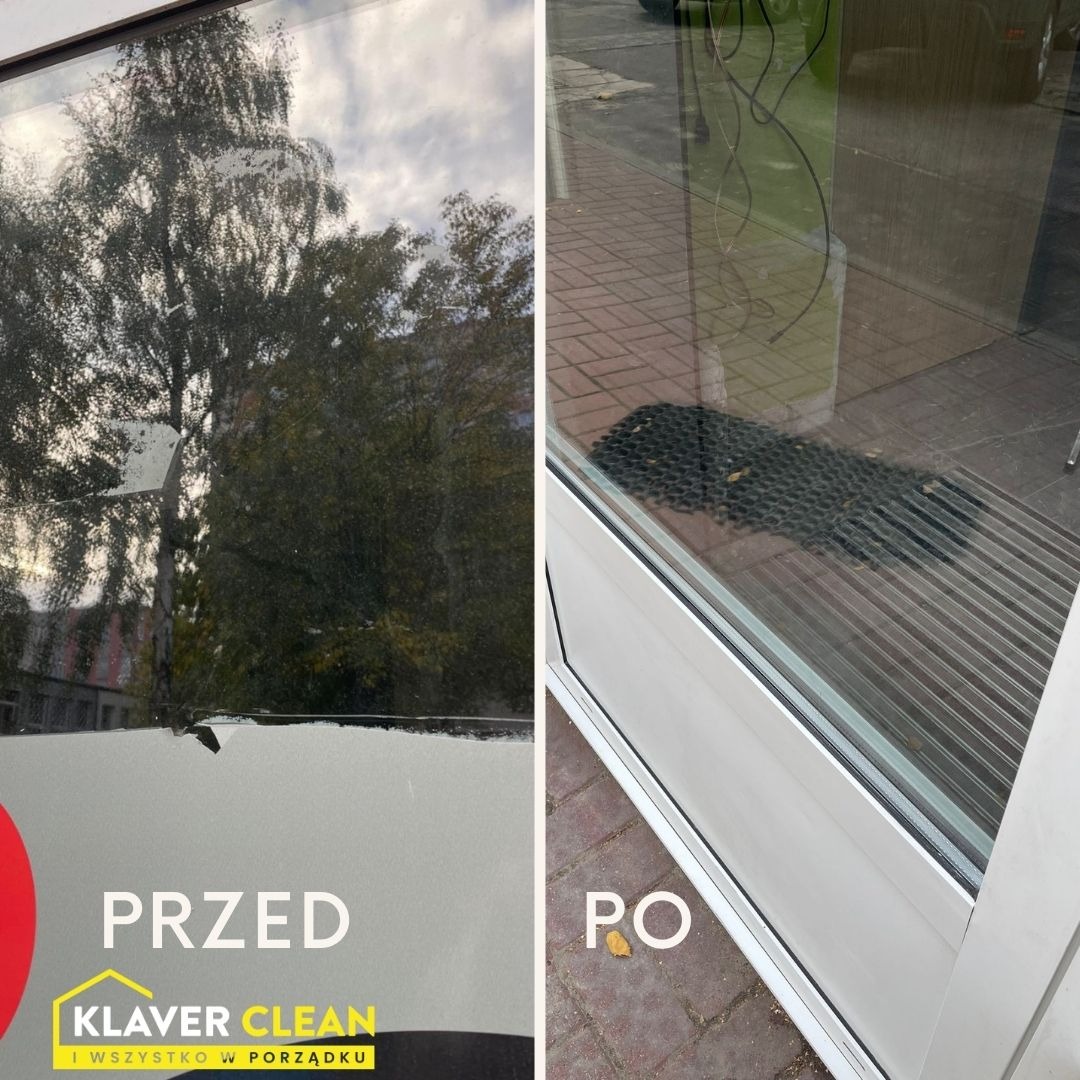 Okno przed i po umyciu, z widocznym logo firmy sprzątającej, po lewej brudne z odbiciem drzewa, po prawej czyste z odbiciem chodnika.
