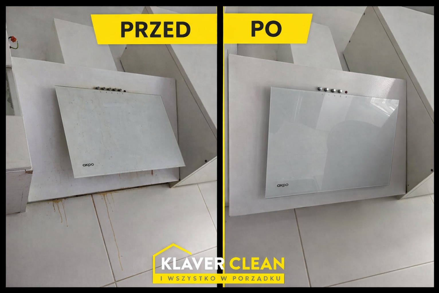 Zdjęcie okapu kuchennego w układzie 'przed i po' czyszczeniu. Po lewej stronie widoczne tłuste zacieki, po prawej idealnie czysta, lśniąca powierzchnia.
