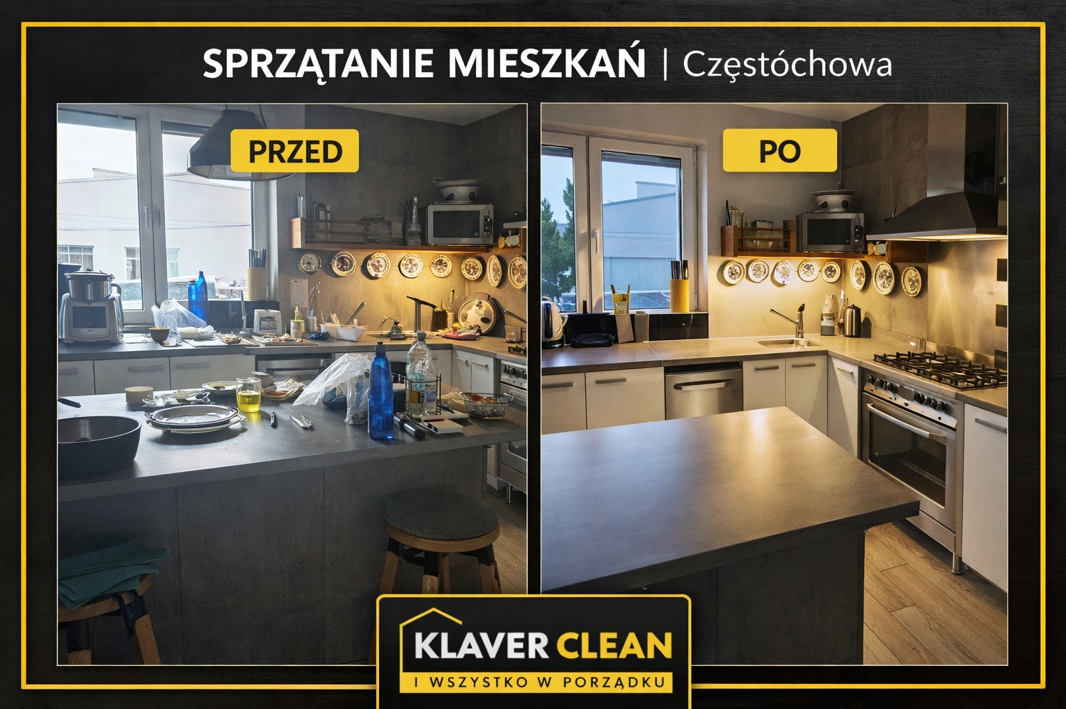 Kuchnia po sprzątaniu: porównanie 'przed' i 'po'. Po lewej stronie bałagan, po prawej czystość. Widoczne blaty, naczynia, okno i sprzęty kuchenne.