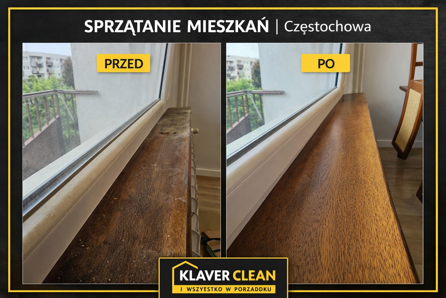 Sprzątanie mieszkania – efekt PRZED i PO. Dokładne czyszczenie parapetu i okna, widoczna metamorfoza powierzchni.