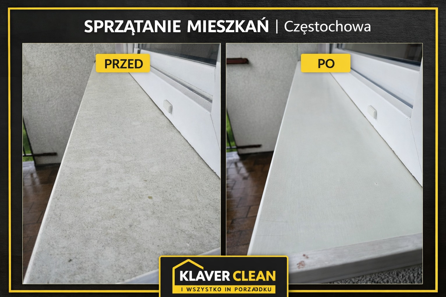 Sprzątanie mieszkania – efekt PRZED i PO. Dokładne czyszczenie parapetu z widocznym odświeżeniem powierzchni.