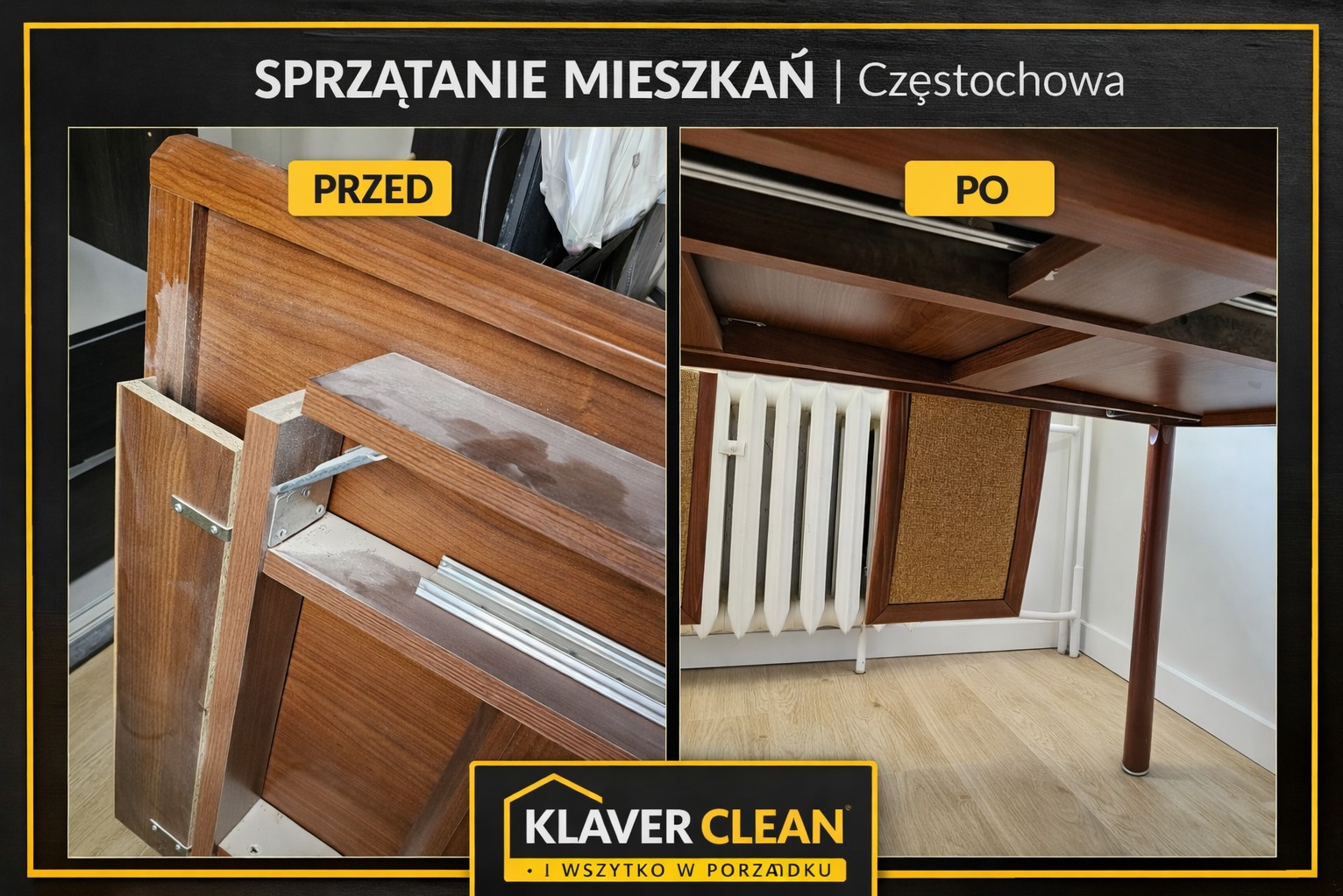 Sprzątanie mieszkania – efekt PRZED i PO. Dokładne czyszczenie i odświeżenie mebli oraz otoczenia.