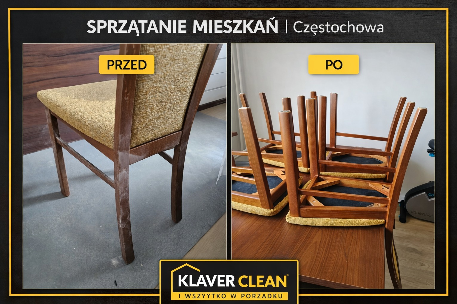 Sprzątanie mieszkania – efekt PRZED i PO. Dokładne czyszczenie krzeseł i odświeżenie ich wyglądu.