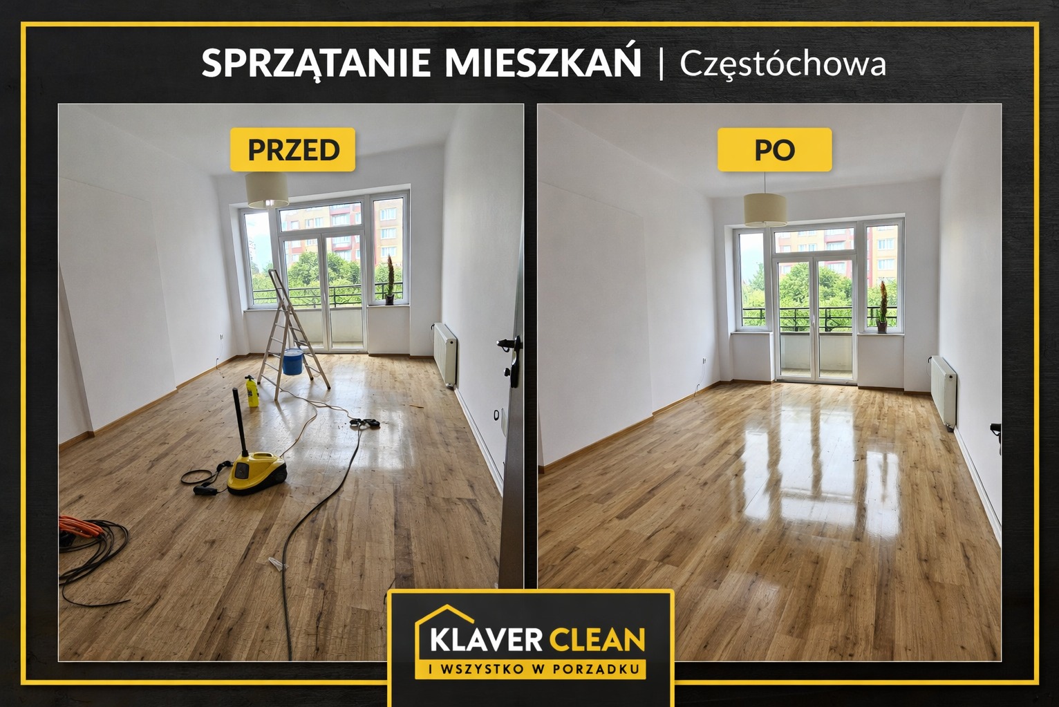 Sprzątanie mieszkania – efekt PRZED i PO. Dokładne czyszczenie po remoncie i odświeżenie podłóg.