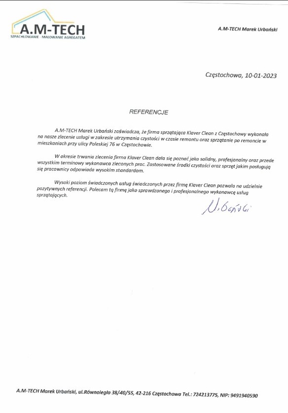 Referencje dla firmy sprzątającej Klaver Clean z Częstochowy, za sprzątanie po remoncie mieszkań przy ul. Poleskiej 76, wystawione przez A.M-TECH Marek Urbański.