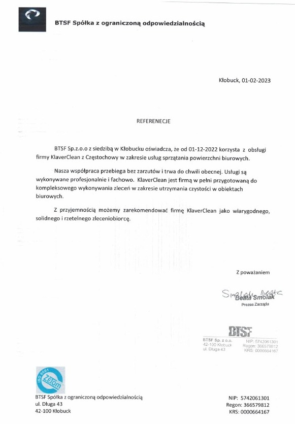 Skan referencji dla firmy sprzątającej biura KlaverClean, wystawionej przez BTSF Sp. z o.o. z Kłobucka, datowane na 01-02-2023. Dokument zawiera tekst rekomendacji.