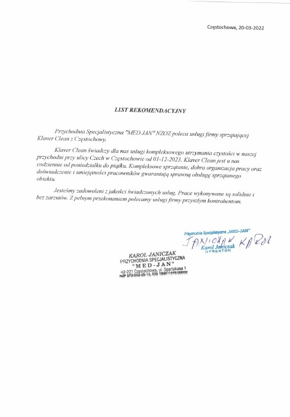 List rekomendacyjny dla firmy sprzątającej Klaver Clean od Przychodni Specjalistycznej MED-JAN, potwierdzający wysoką jakość usług i solidność wykonywanych prac.