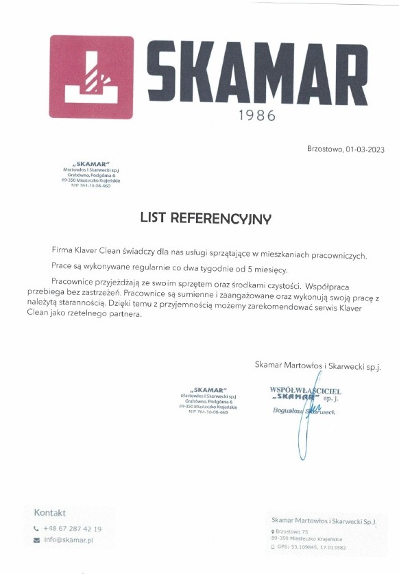 List referencyjny od firmy Skamar dla Klaver Clean, świadczącej usługi sprzątania w mieszkaniach pracowniczych. Dokument z datą, podpisem i danymi kontaktowymi.