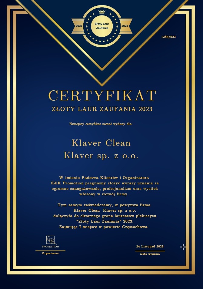 Certyfikat 'Złoty Laur Zaufania 2023' dla Klaver Clean, Częstochowa. Granatowe tło, złote obramowanie i tekst. Wyróżnienie za profesjonalizm i zaangażowanie.