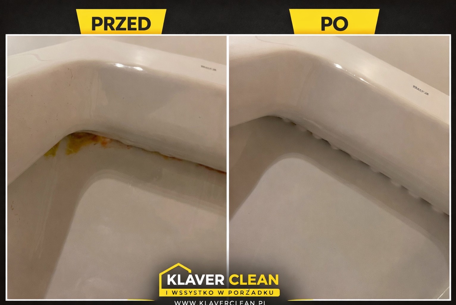 Zdjęcie typu 'przed i po' przedstawia fragment muszli WC. Po lewej stronie widoczne zabrudzenia, po prawej czysta powierzchnia. Ujęcie z bliska, oświetlenie naturalne.
